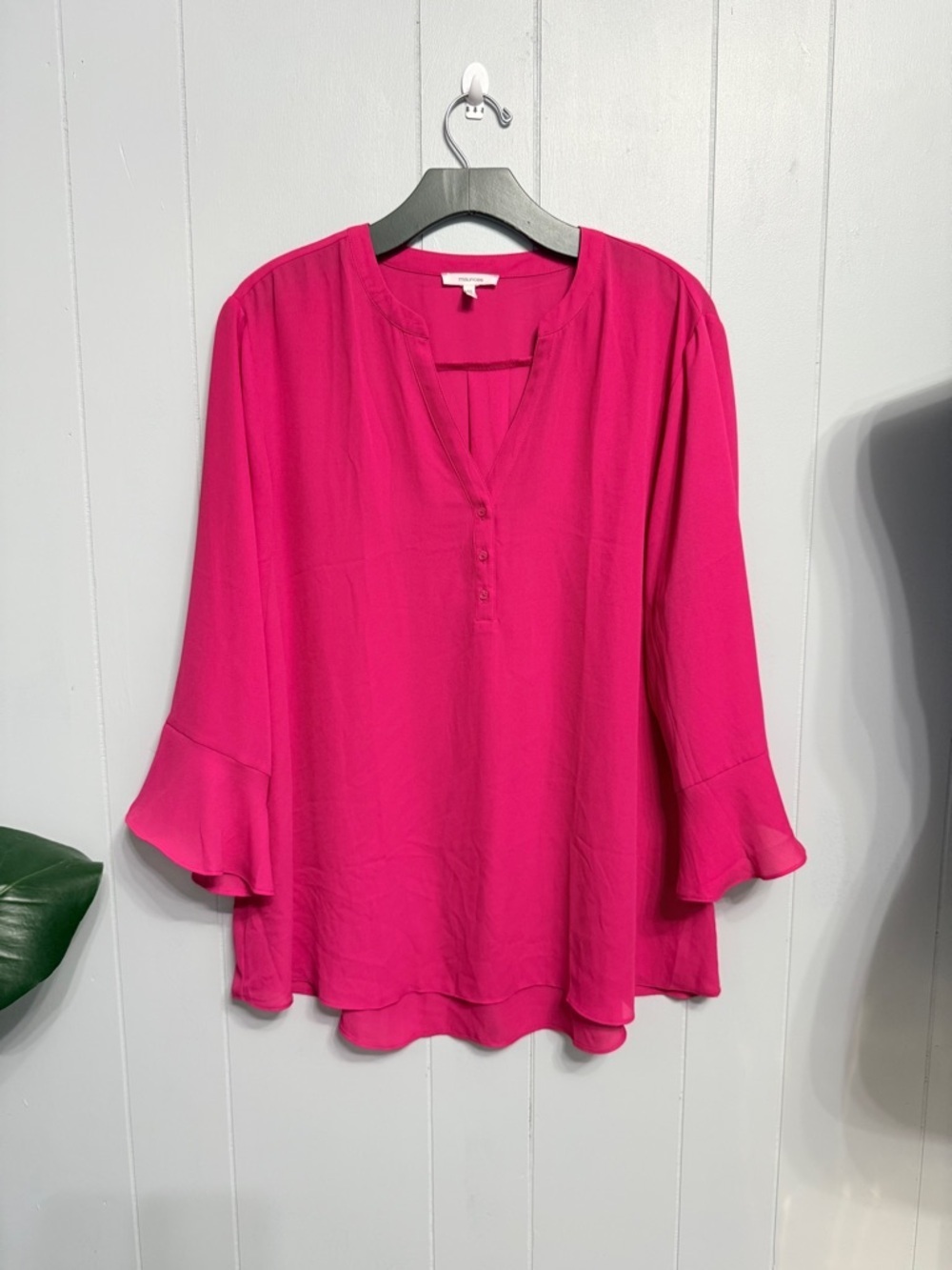 #17)  Maurices Bright Fuchsia V-Neck Blouse with Fluted Sleeves